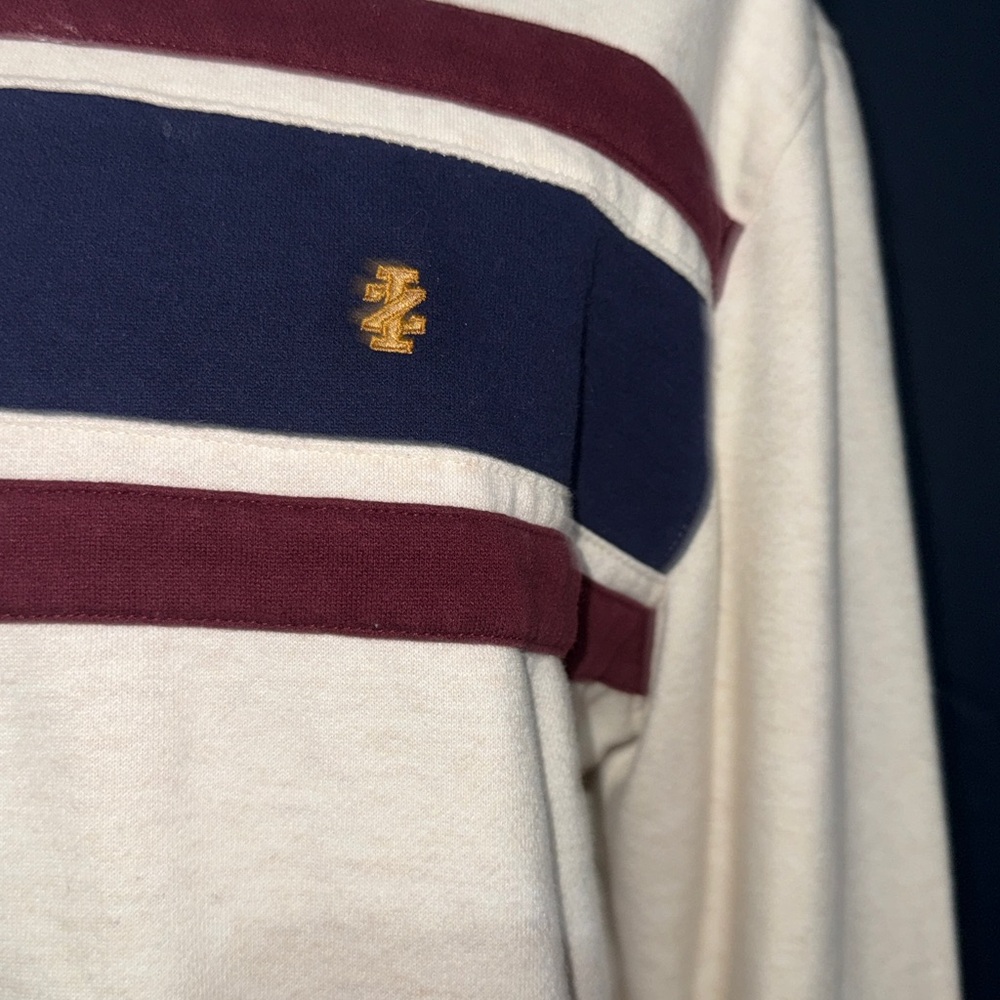 Izod Men's Cream Sweater with Navy and Burgundy Stripes - Picture 4 of 6